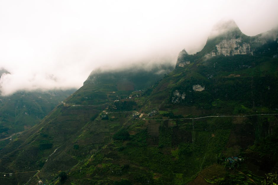 hidden coastal village Korea, misty mountain road travel