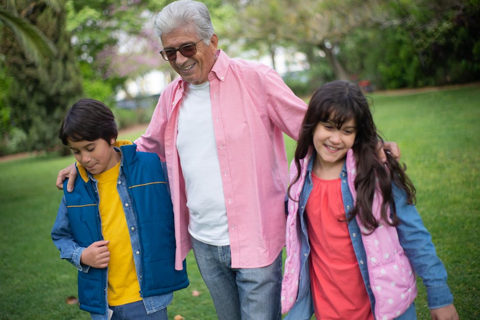 Korean family three generations grandparents children walking garden accessible path