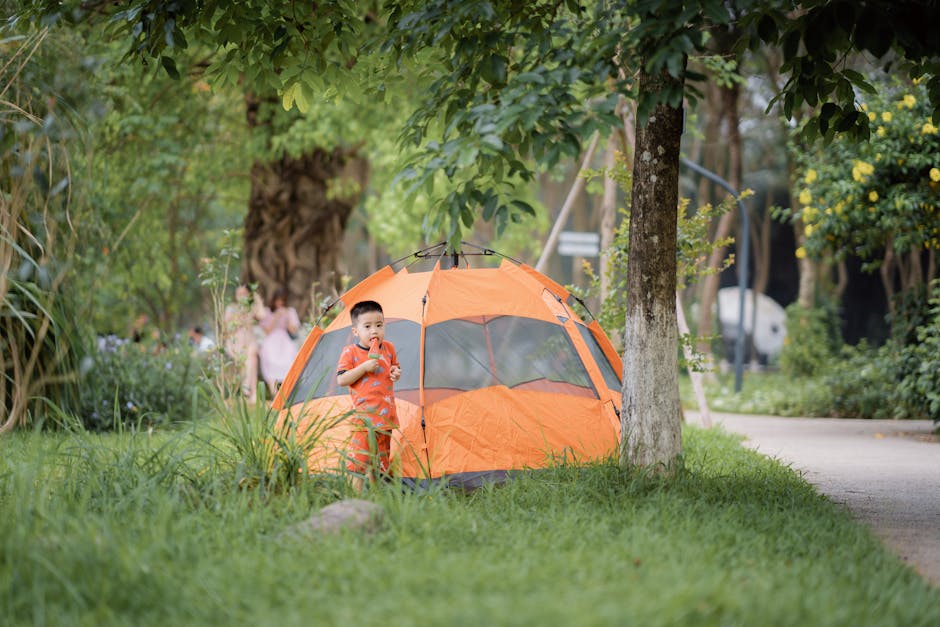 South Korea family camping, forest campsite tents children