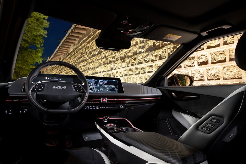 Kia EV3 interior dashboard technology, EV charging station winter Korea